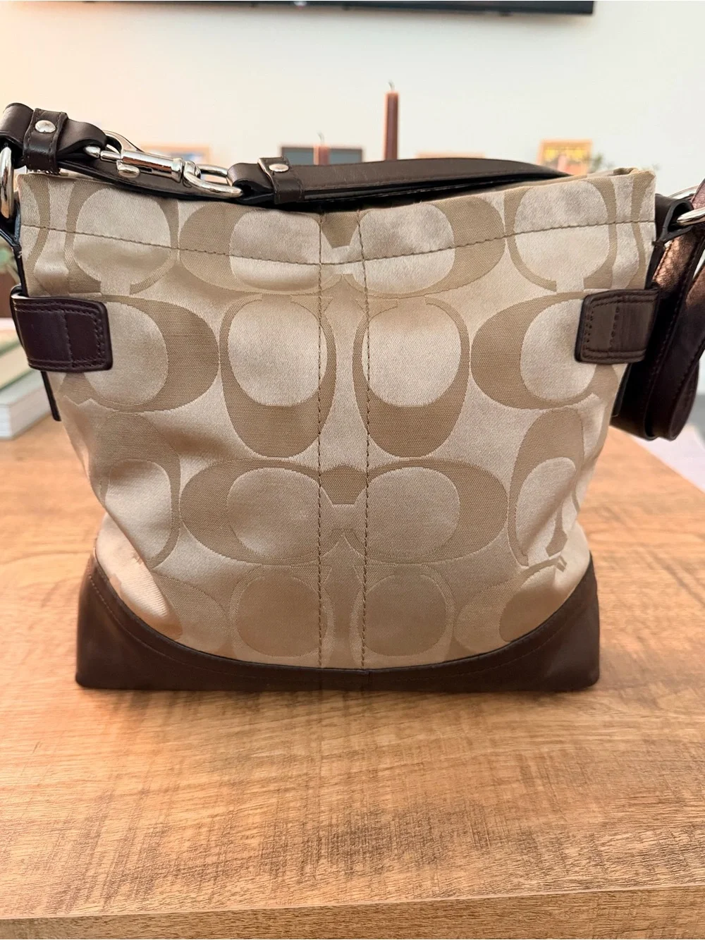 Y2K Aesthetic Coach Beige Signature Sateen Shoulder Bag with Brown Leather Trim
